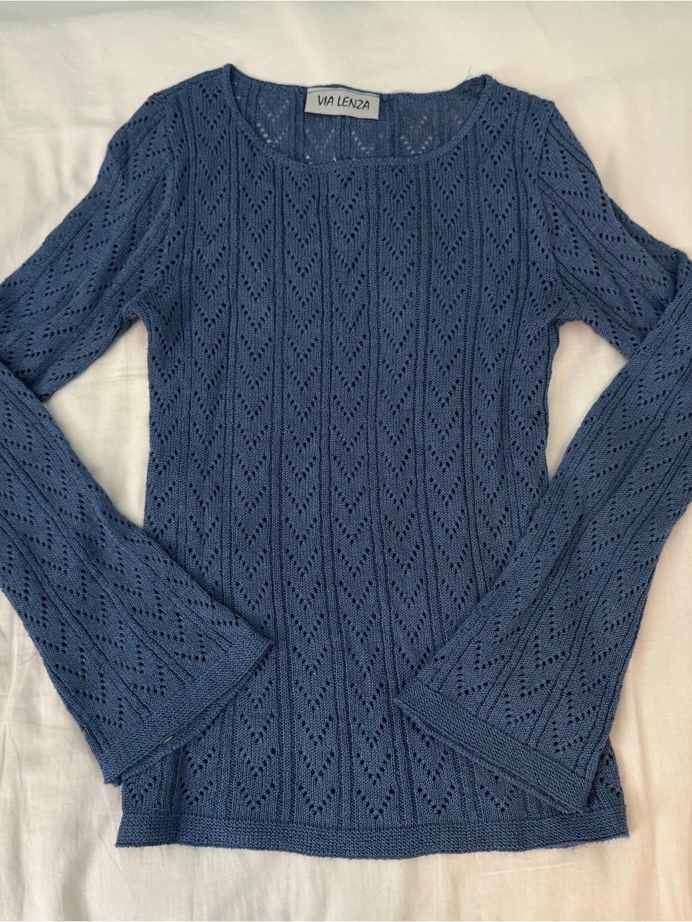 Women's Blue Pointelle Crew Neck Sweater